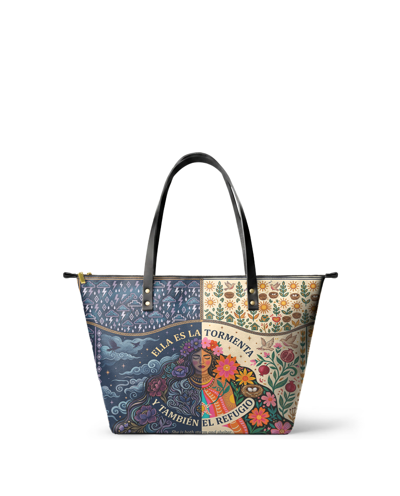 "Ella es la tormenta y también el refugio" ver.1 Leather Tote Bag