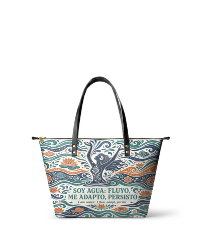 "Soy agua fluyo, me adapto, persisto" ver.1 Leather Tote Bag