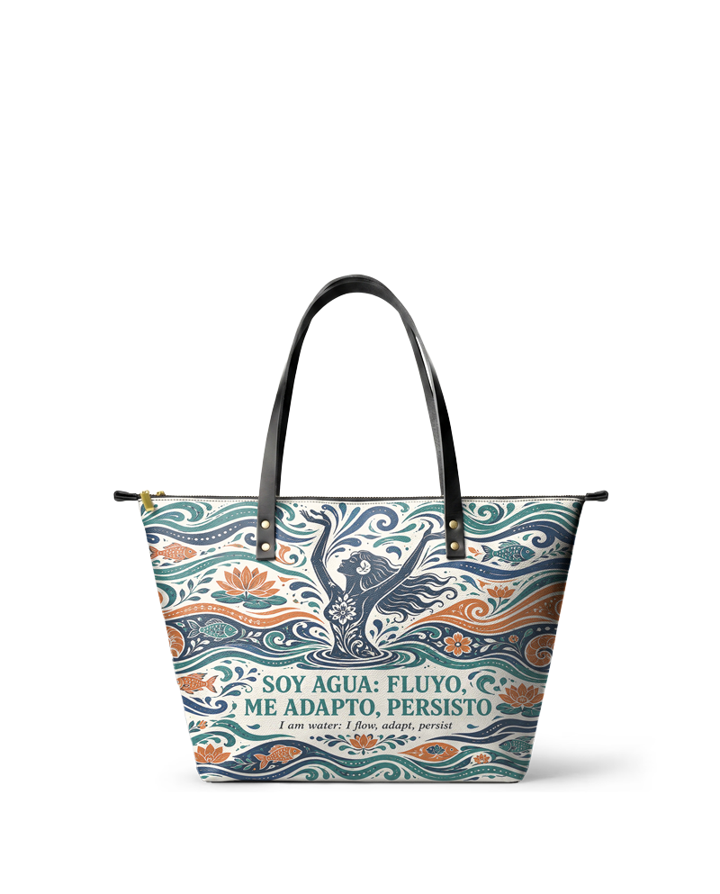 "Soy agua fluyo, me adapto, persisto" ver.1 Leather Tote Bag