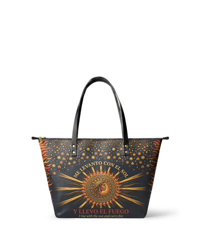 "Me levanto con el sol y llevo el fuego" ver.2 Leather Tote Bag
