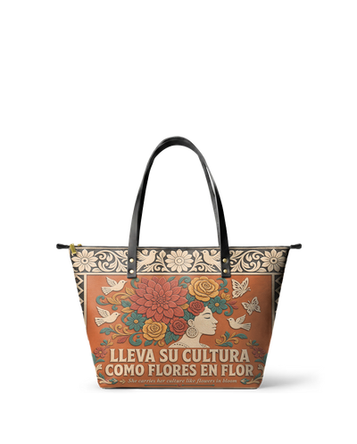 "Lleva su cultura como flores en flor" ver.3 Leather Tote Bag