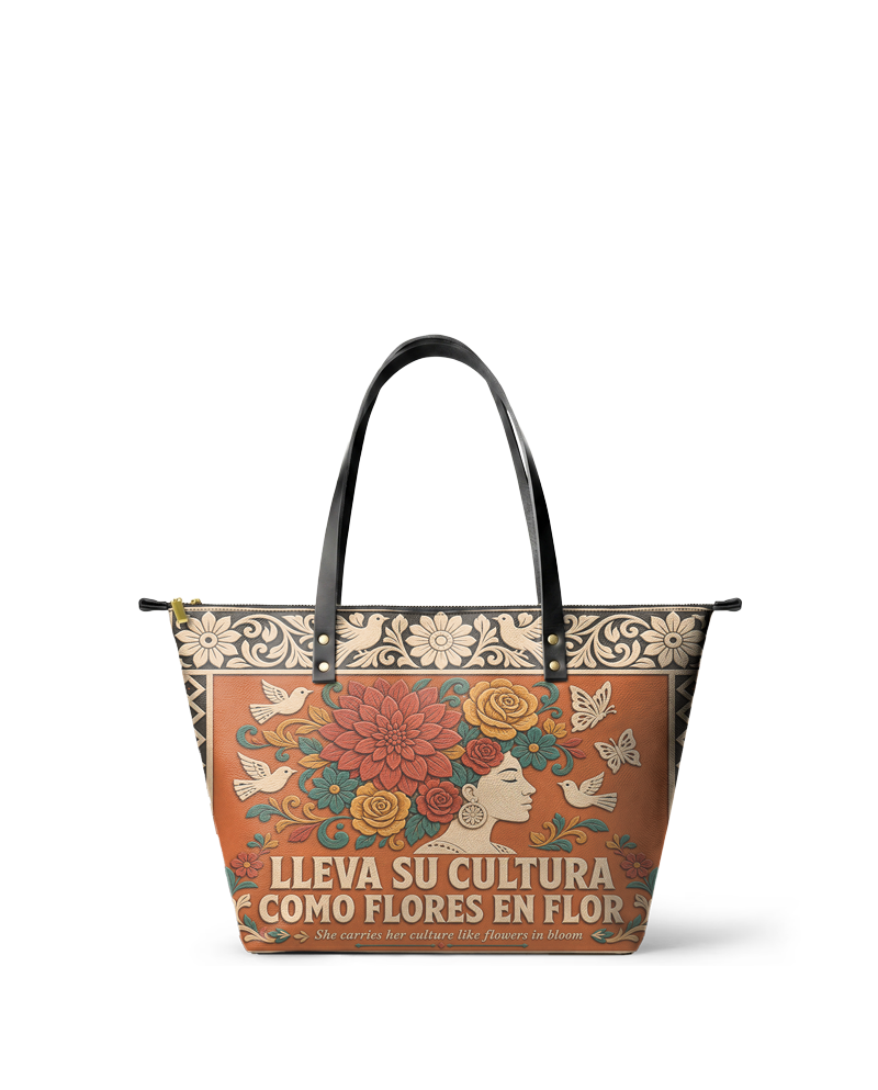 "Lleva su cultura como flores en flor" ver.3 Leather Tote Bag