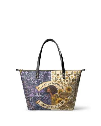 "Ella es la tormenta y también el refugio" ver.2 Leather Tote Bag