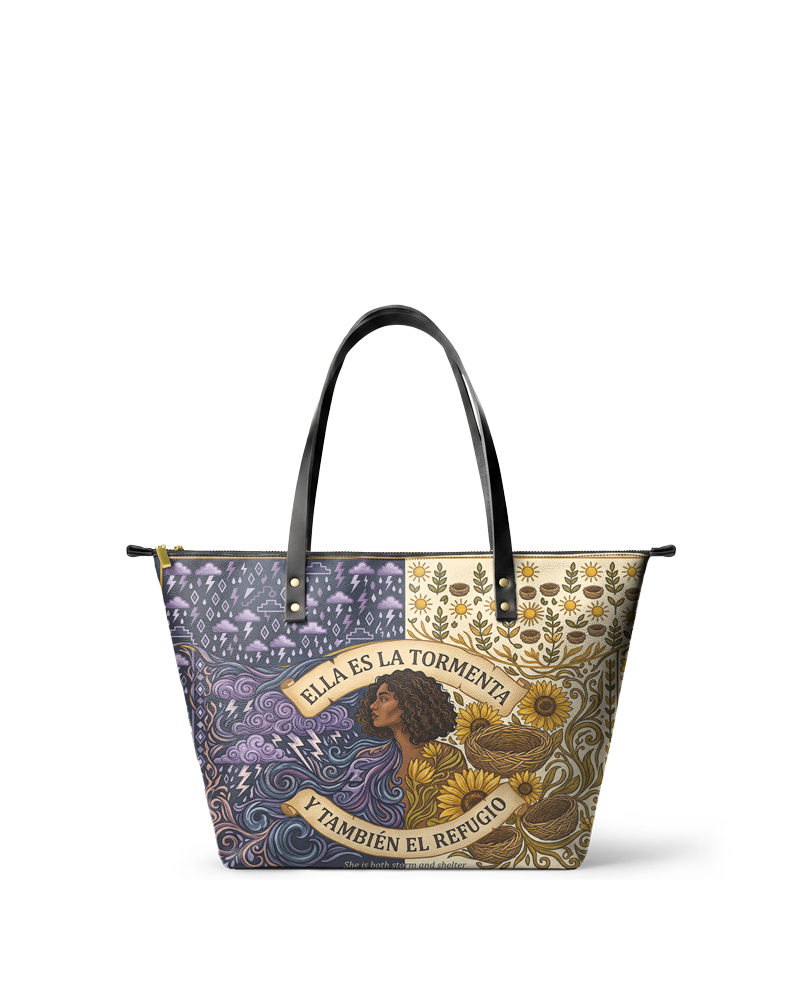 "Ella es la tormenta y también el refugio" ver.2 Leather Tote Bag