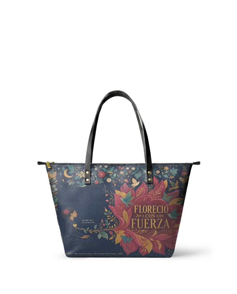 "Sanó en silencio, floreció con fuerza" ver.2 Leather Tote Bag