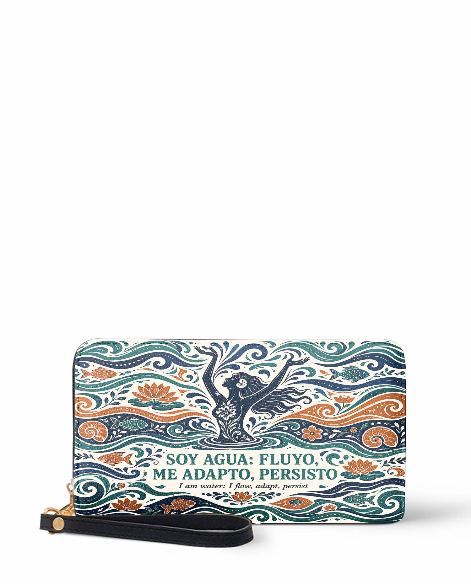 "Soy agua fluyo, me adapto, persisto" ver.1 Long Wallet - front view | Paleta Bags