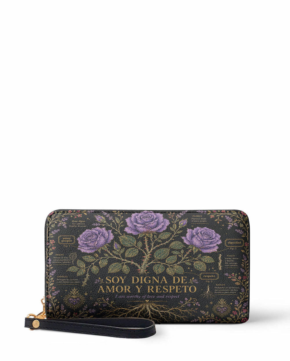 Near black long wallet drawn as a botanical plate, three lilac roses on one stem with gold roots and small labelled annotation panels