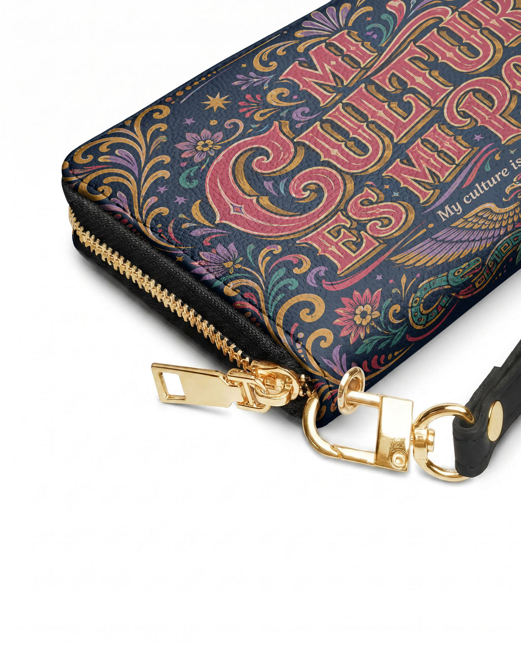 "Mi cultura es mi poder" ver.2 Long Wallet - side view | Paleta Bags