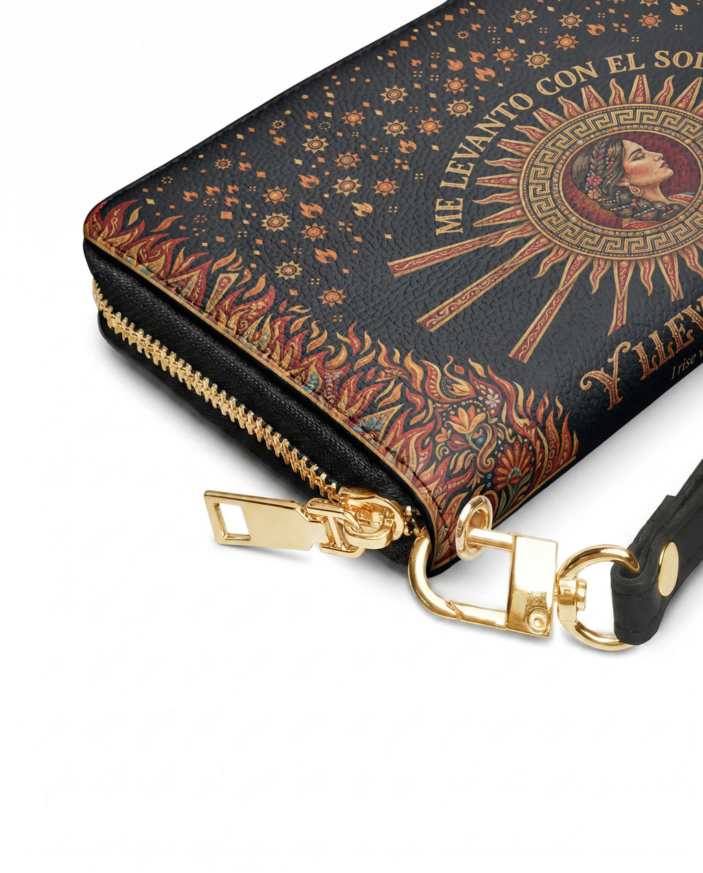 "Me levanto con el sol y llevo el fuego" ver.3 Long Wallet - side view | Paleta Bags