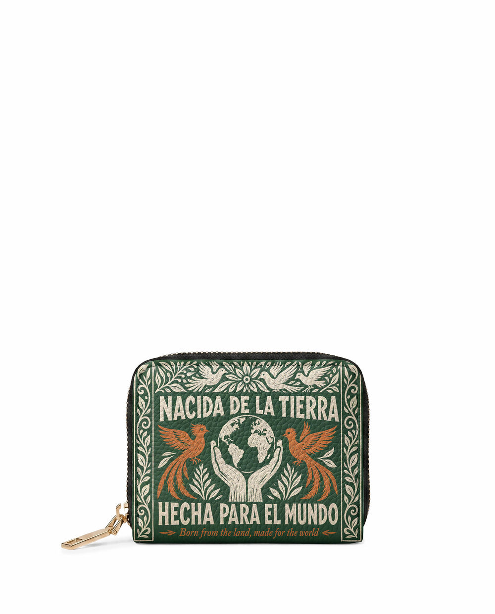 "Nacida de la tierra, hecha para el mundo" ver.3 Mini Wallet - front view | Paleta Bags