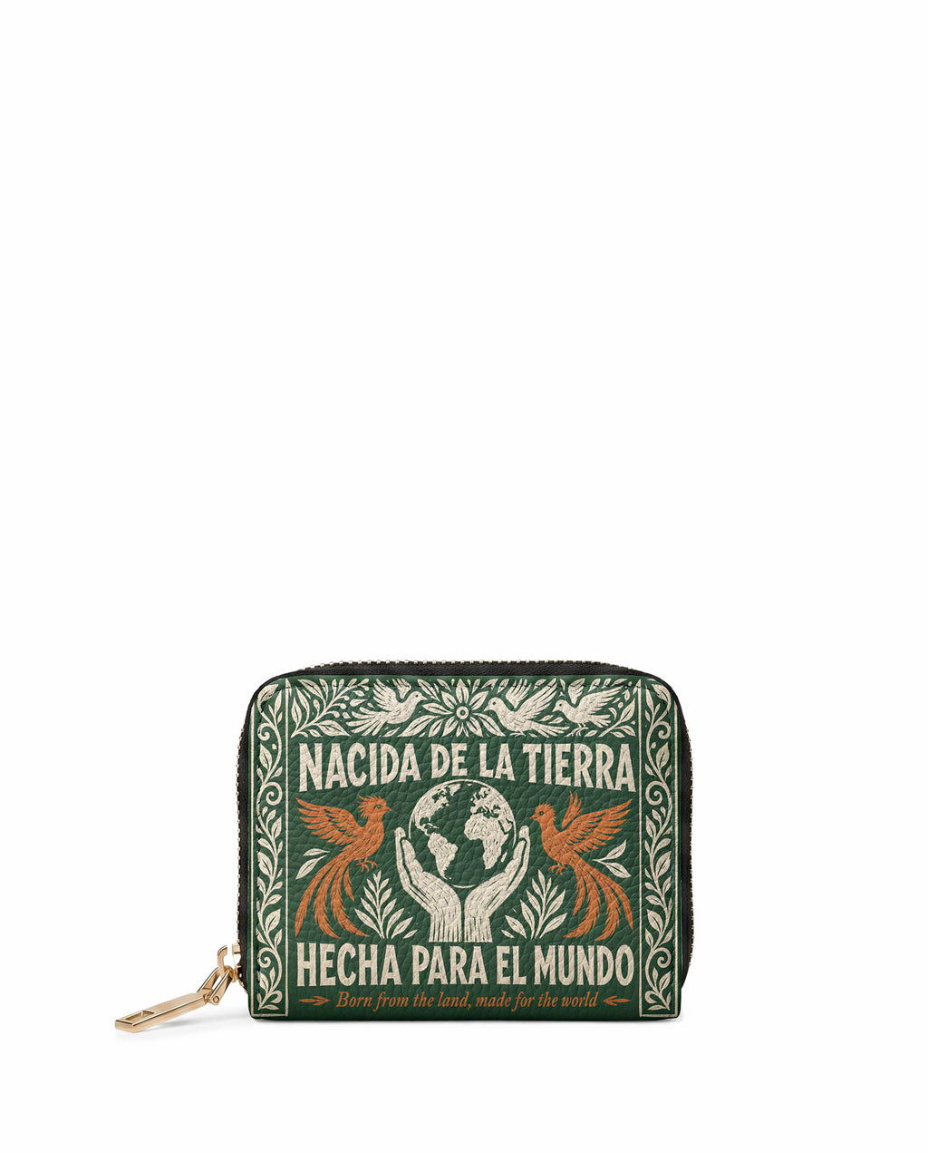 "Nacida de la tierra, hecha para el mundo" ver.3 Mini Wallet - front view | Paleta Bags