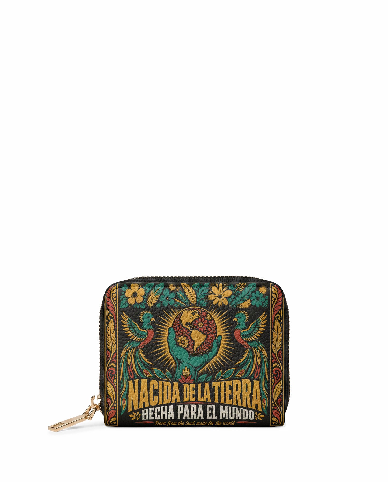 "Nacida de la tierra, hecha para el mundo" ver.4 Mini Wallet - front view | Paleta Bags