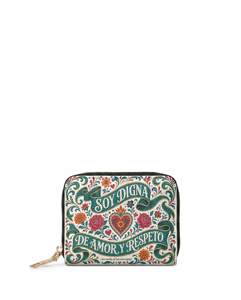Cream mini wallet with two teal banner ribbons carrying lettering, a red and gold heart between them and roses and marigolds around