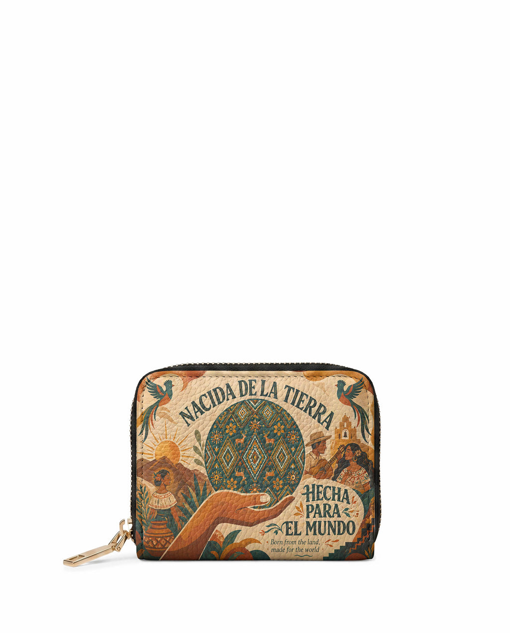 "Nacida de la tierra, hecha para el mundo" ver.1 Mini Wallet - front view | Paleta Bags