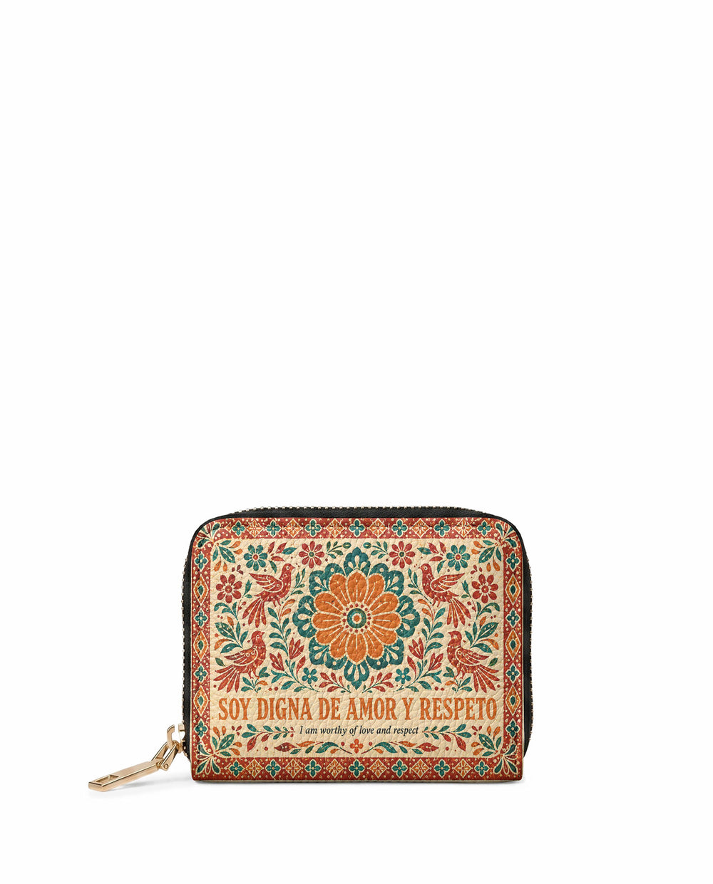 Sand coloured mini wallet with a large orange and teal rosette at the centre, two red birds facing it and a tiled border above and below