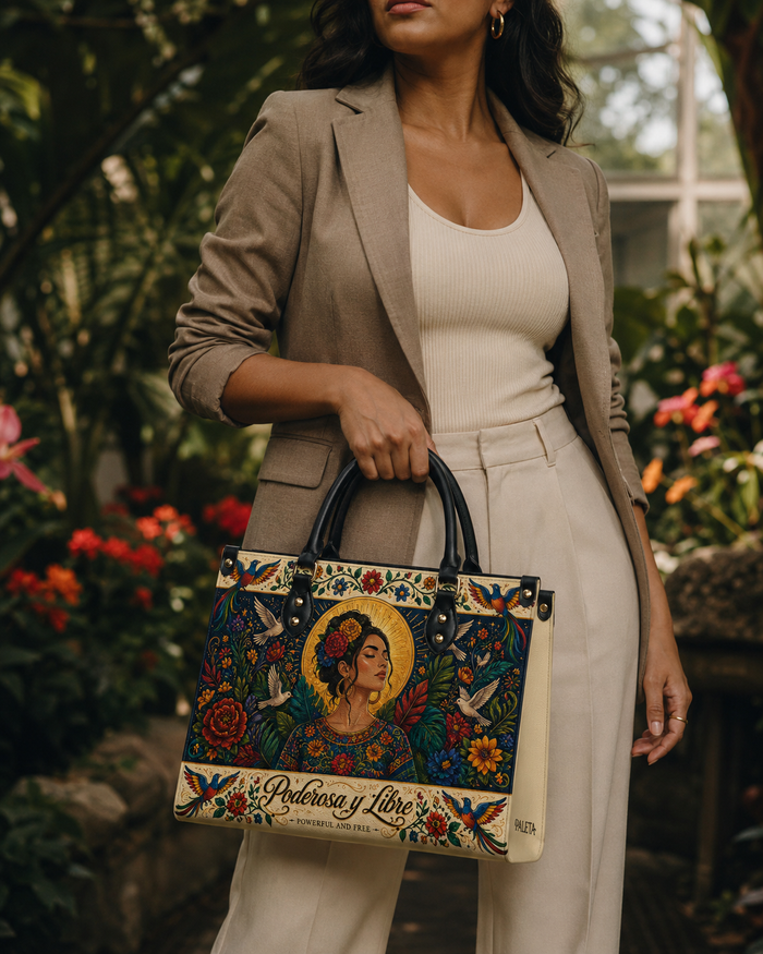 Ornate framed handbag, woman with a gold halo among white doves and deep green foliage, Poderosa y Libre banner
