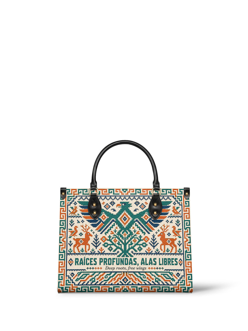 Cream cross stitch handbag with a teal eagle spreading its wings over a tree, two orange deer below and stepped borders