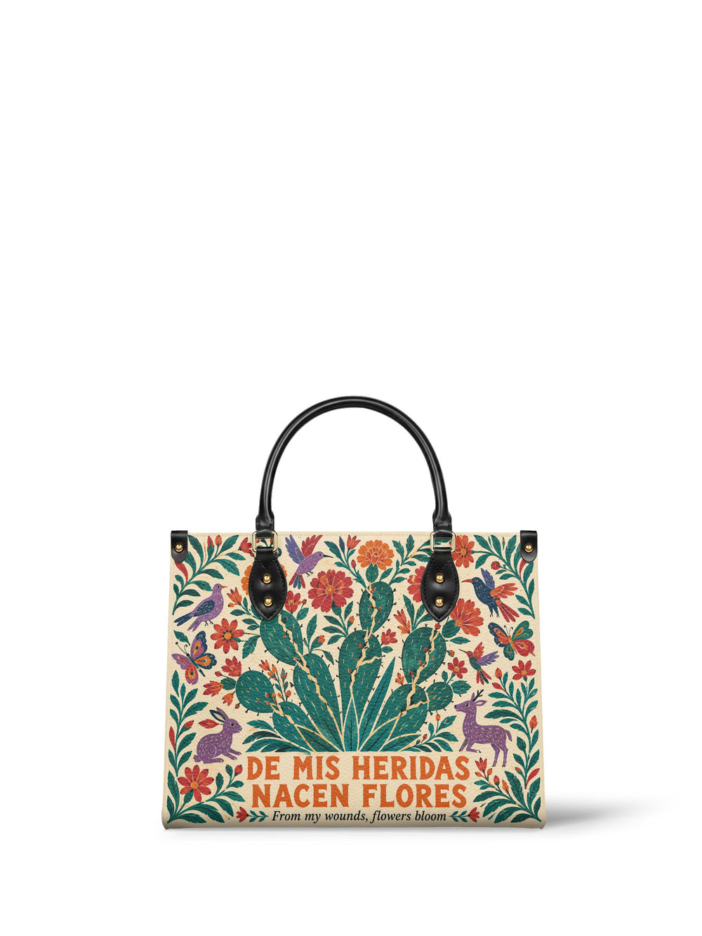 Cream handbag with a tall teal agave flowering coral and orange, purple birds, a rabbit and a deer in the lower corners