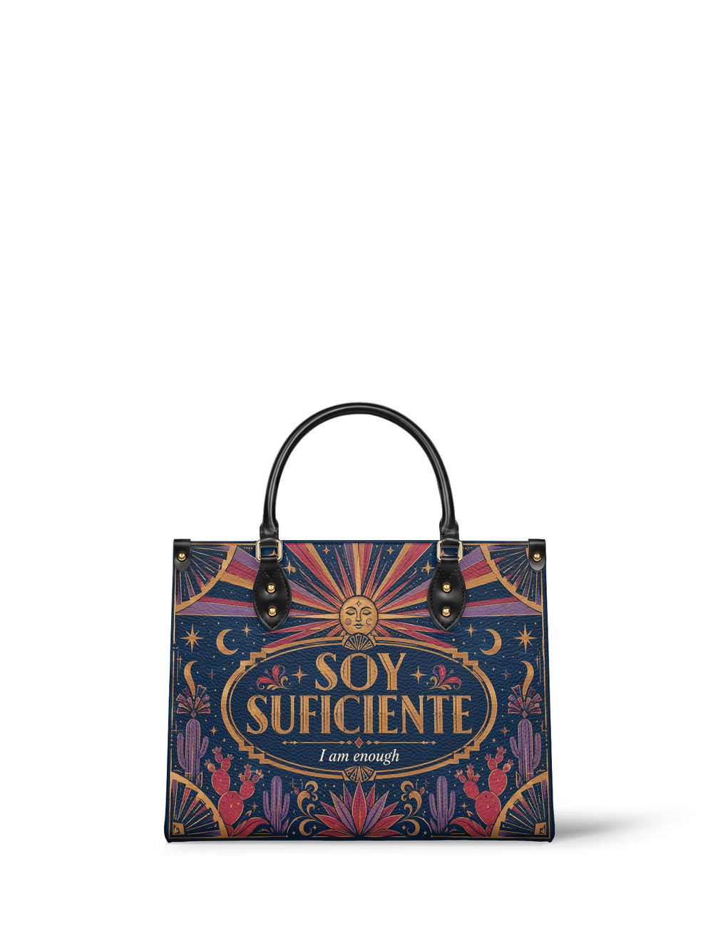 Navy handbag with gold lettering inside a bordered oval, a rayed sun face above and pink and gold cacti in the bottom corners