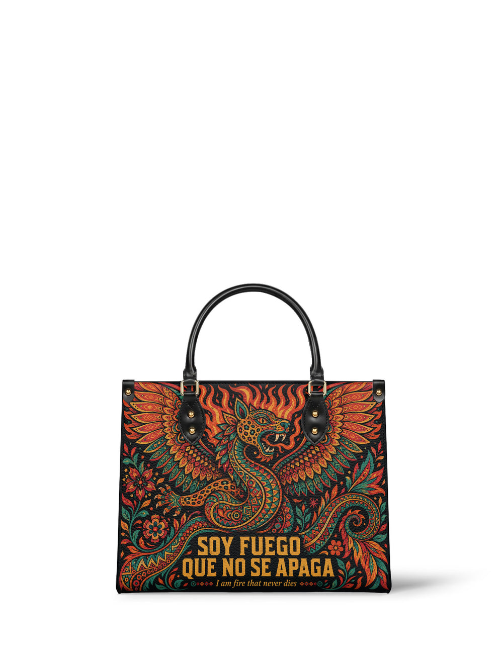Near black handbag with an ornate feathered serpent, wings spread and flames rising, drawn in orange, teal and gold linework