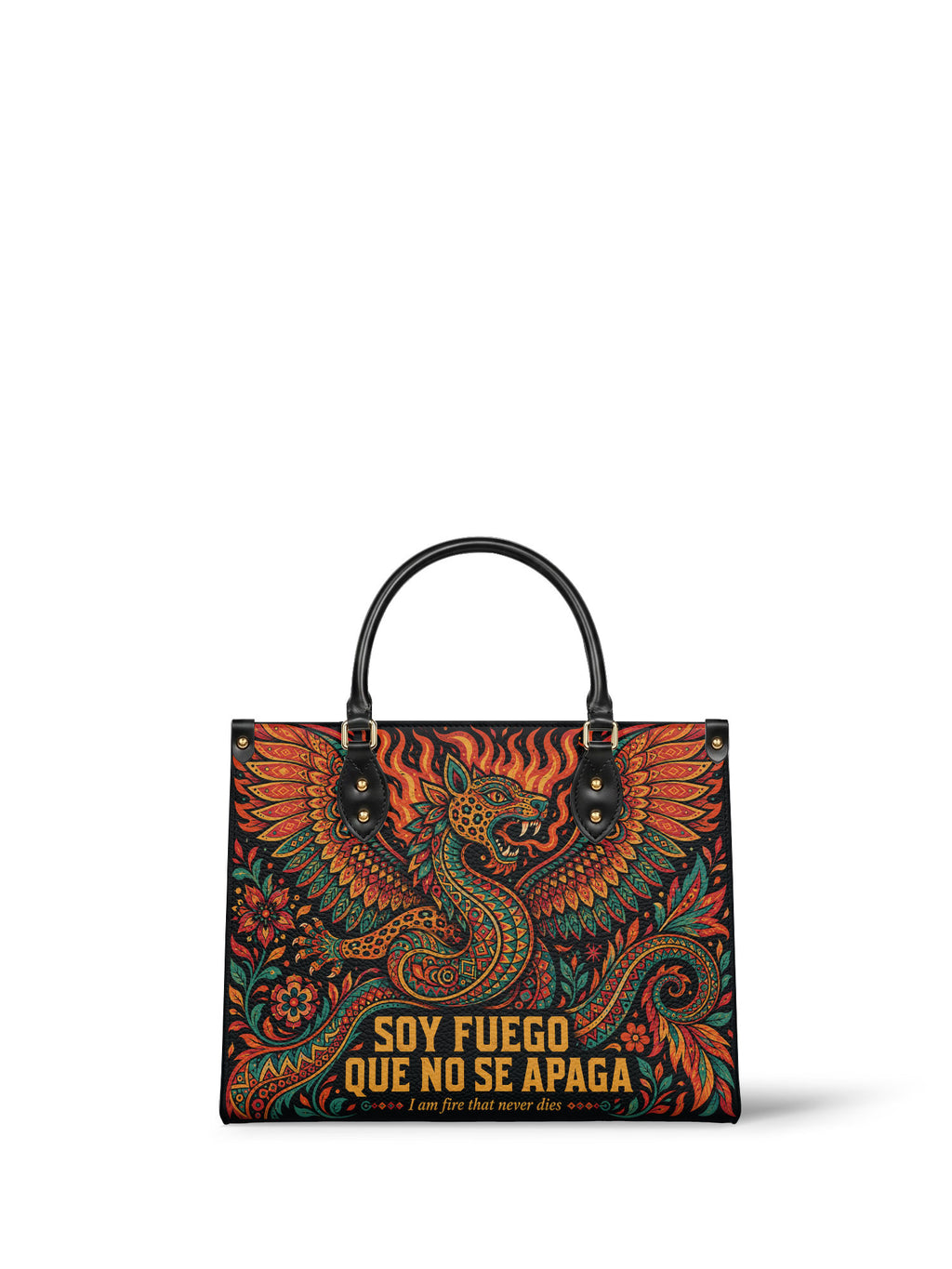 "Soy fuego que no se apaga" ver.1 Leather Handbag - front view | Paleta Bags