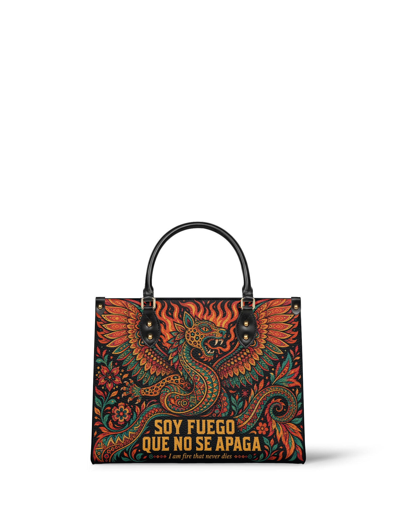 "Soy fuego que no se apaga" ver.1 Leather Handbag - front view | Paleta Bags