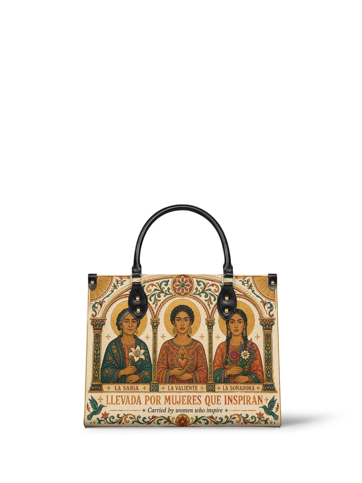 "Llevada por mujeres que inspiran" ver.1 Leather Handbag - front view | Paleta Bags