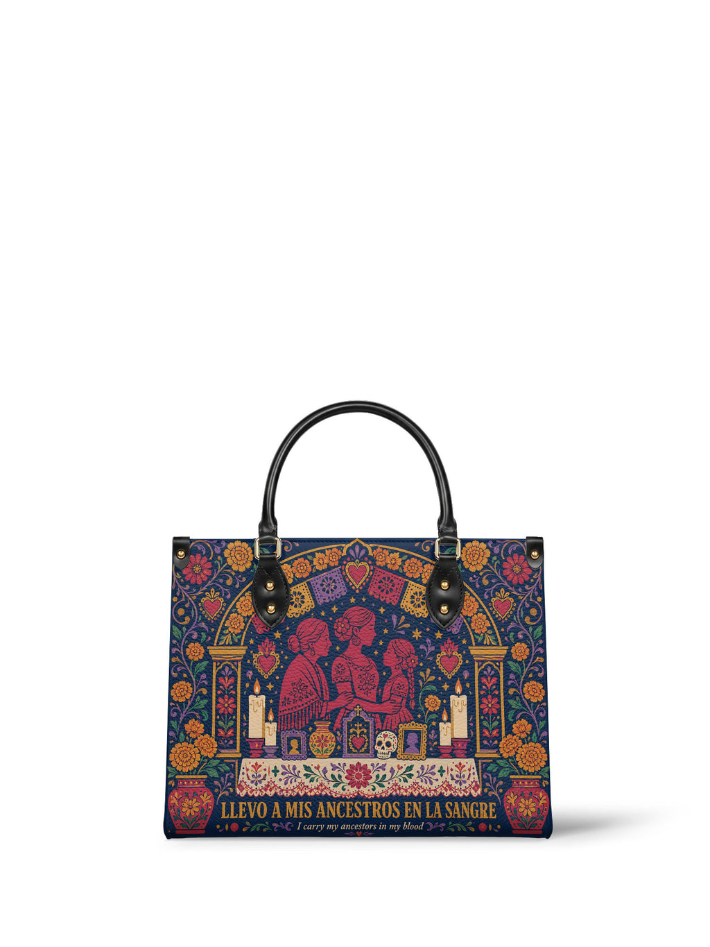 "Llevo a mis ancestros en la sangre" ver.1 Leather Handbag - front view | Paleta Bags