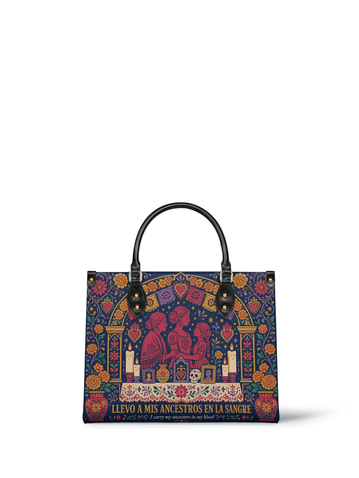 "Llevo a mis ancestros en la sangre" ver.1 Leather Handbag - front view | Paleta Bags
