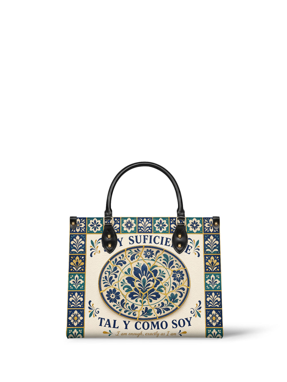 Cream handbag with a blue and gold rosette on an oval plate, the lettering curving around it and painted tiles bordering the top