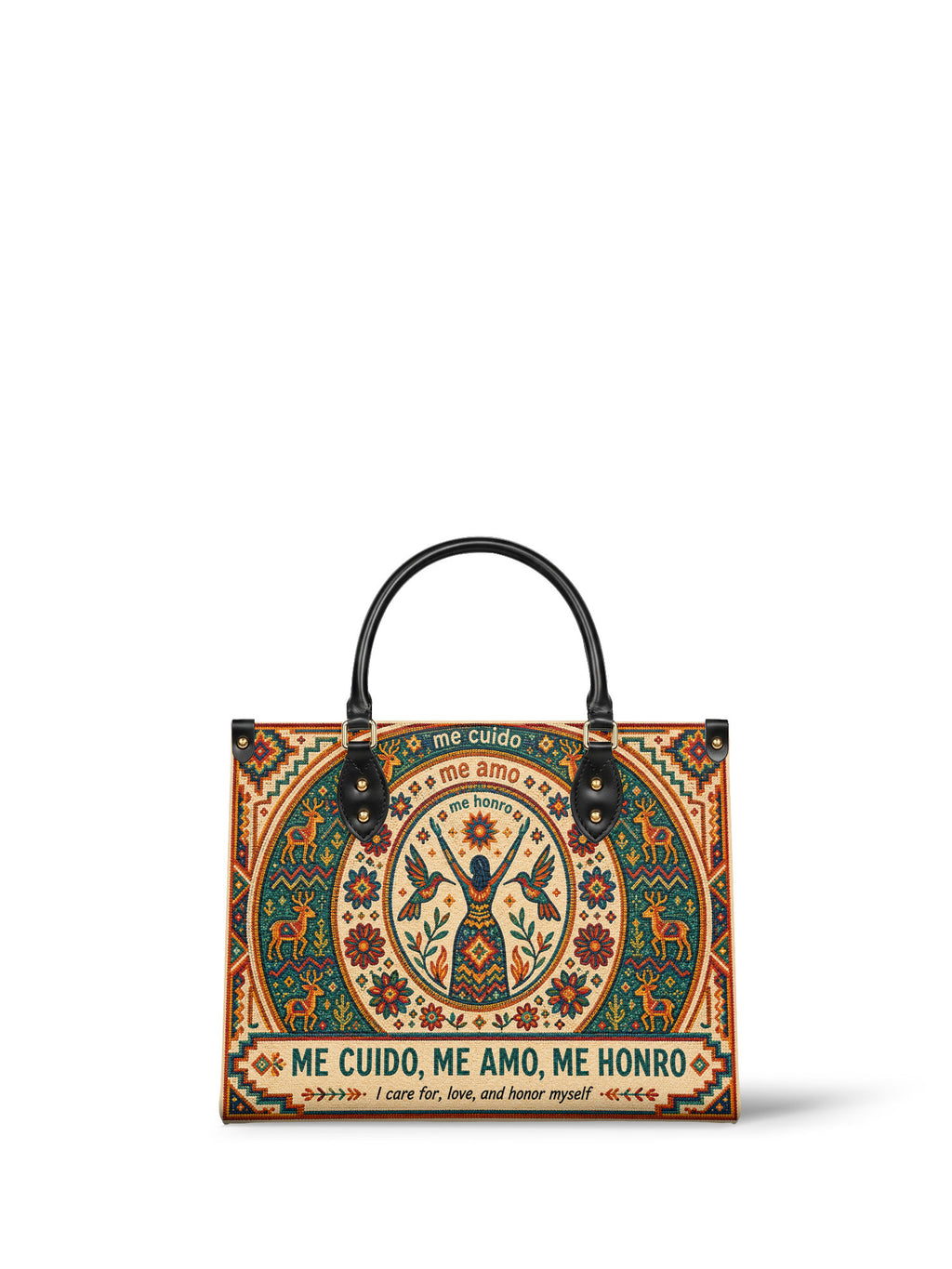 "Me cuido, me amo, me honro" ver.1 Leather Handbag - front view | Paleta Bags