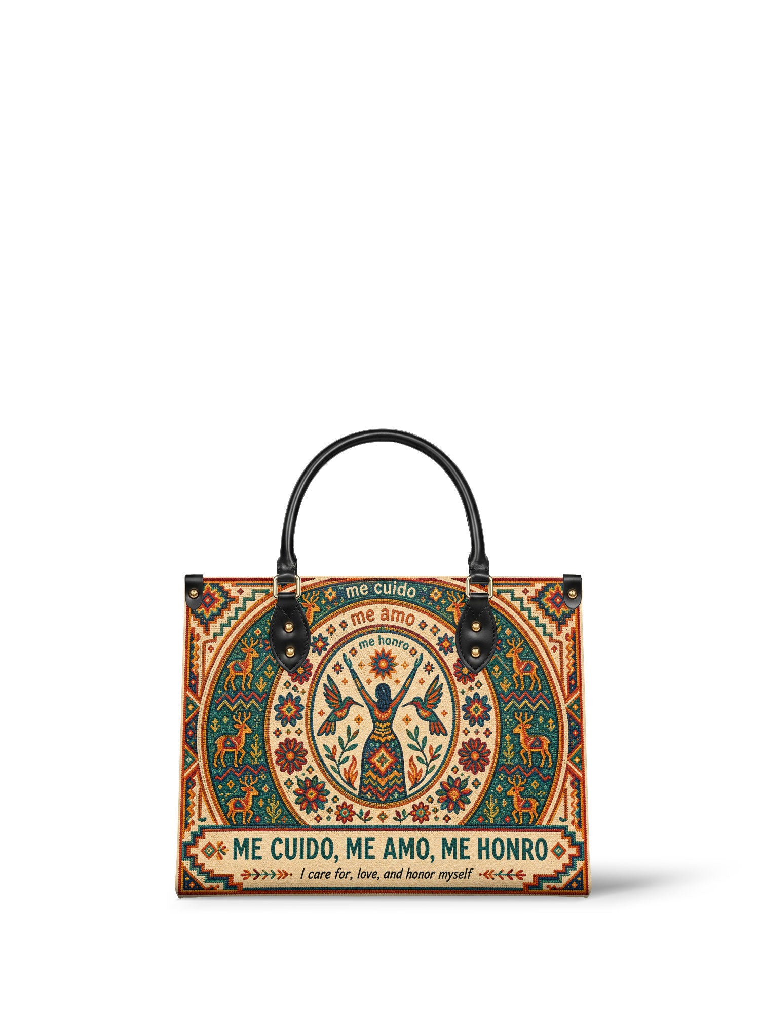 "Me cuido, me amo, me honro" ver.1 Leather Handbag - front view | Paleta Bags