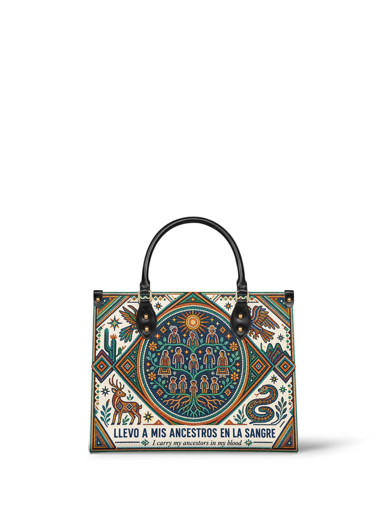 "Llevo a mis ancestros en la sangre" ver.4 Leather Handbag - front view | Paleta Bags