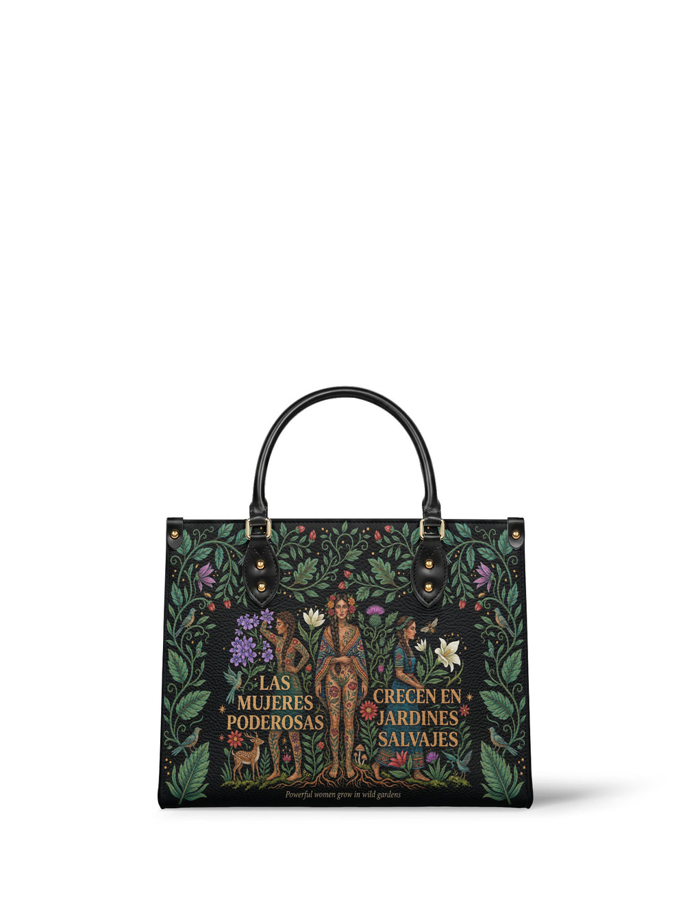 Near black handbag with three women covered in vines and leaves standing among purple blooms and white lilies, a deer at their feet