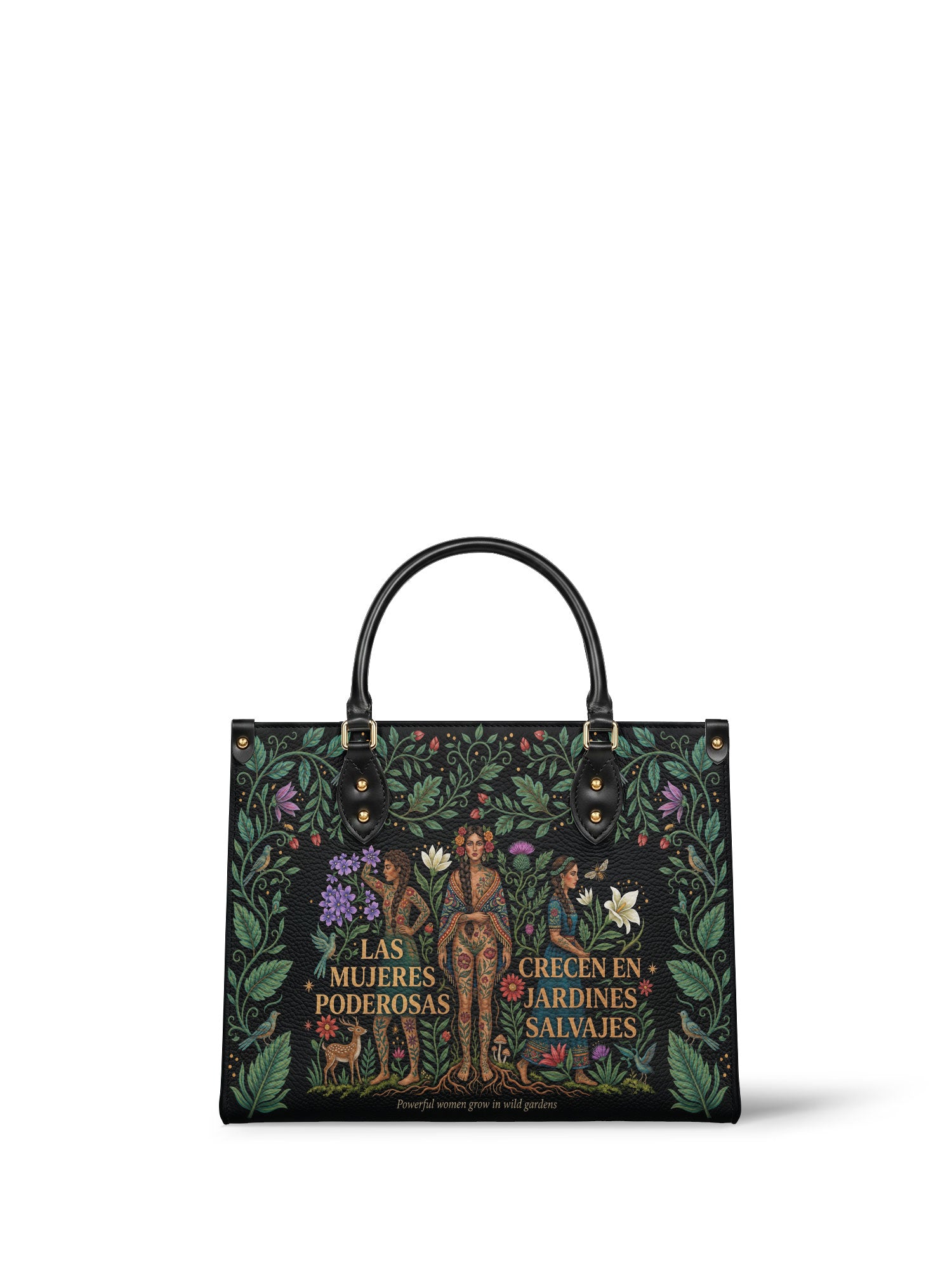 "Las mujeres poderosas crecen en jardines salvajes" ver.1 Leather Handbag - front view | Paleta Bags