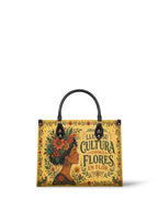 "Lleva su cultura como flores en flor" ver.1 Leather Handbag - front view | Paleta Bags