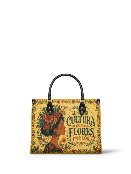 "Lleva su cultura como flores en flor" ver.1 Leather Handbag - front view | Paleta Bags
