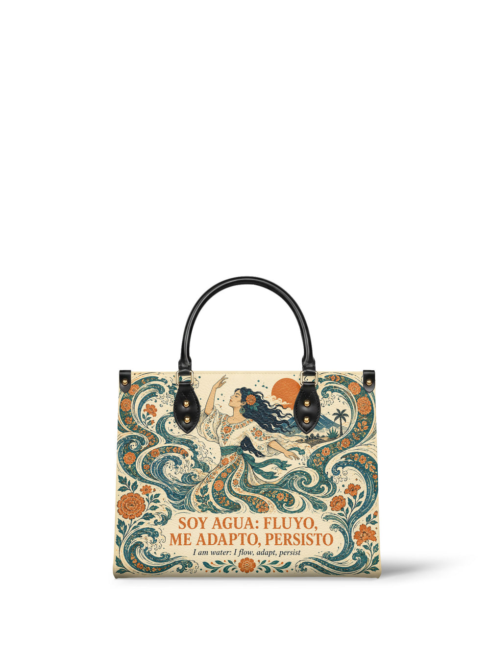 Pale cream handbag with a woman floating on teal surf with one arm raised, an orange sun, a volcano and palms behind her
