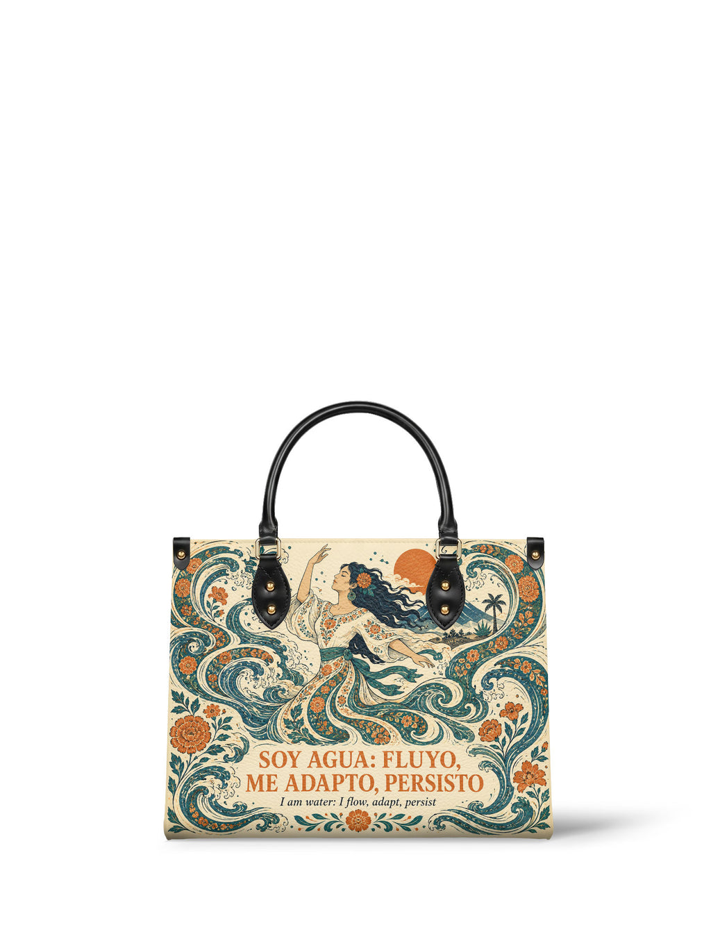 "Soy agua fluyo, me adapto, persisto" ver.4 Leather Handbag - front view | Paleta Bags