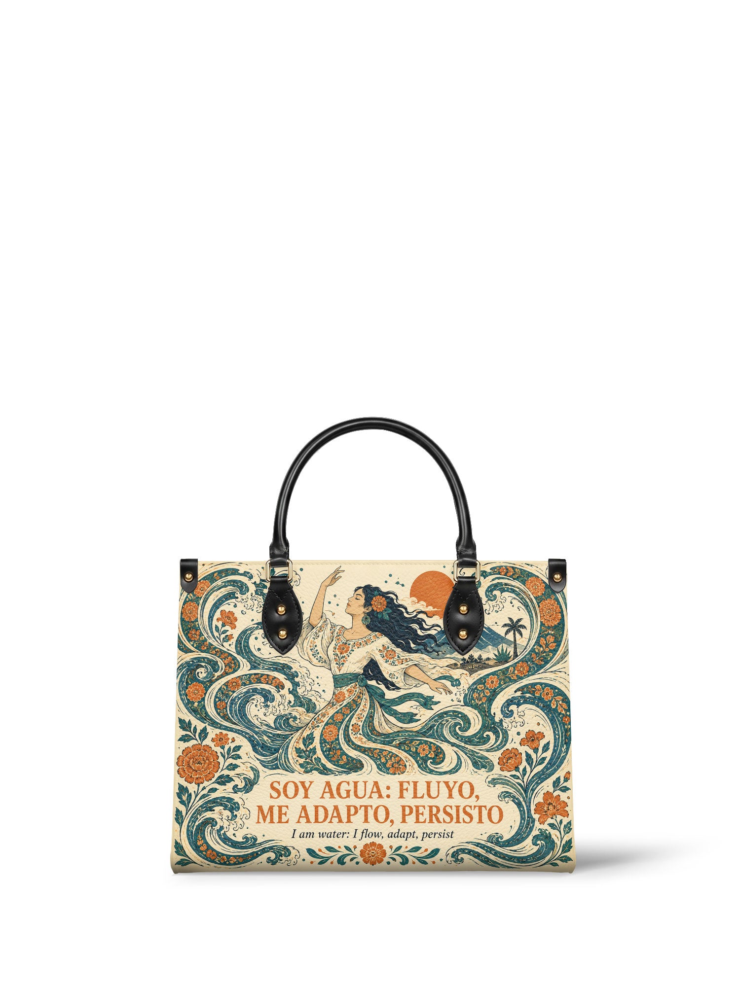 "Soy agua fluyo, me adapto, persisto" ver.4 Leather Handbag - front view | Paleta Bags