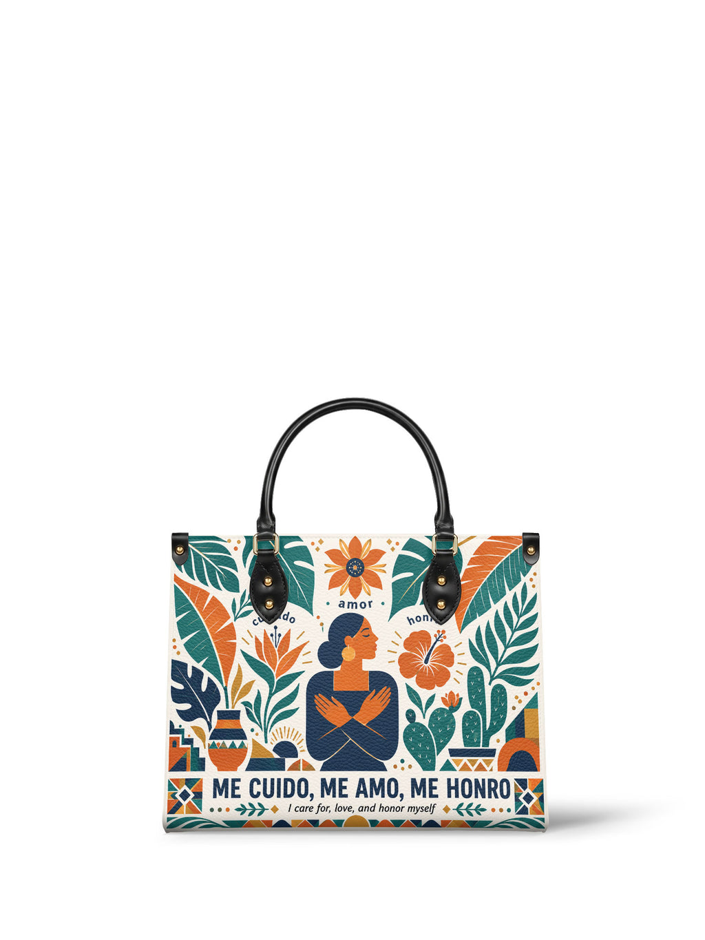 "Me cuido, me amo, me honro" ver.4 Leather Handbag - front view | Paleta Bags