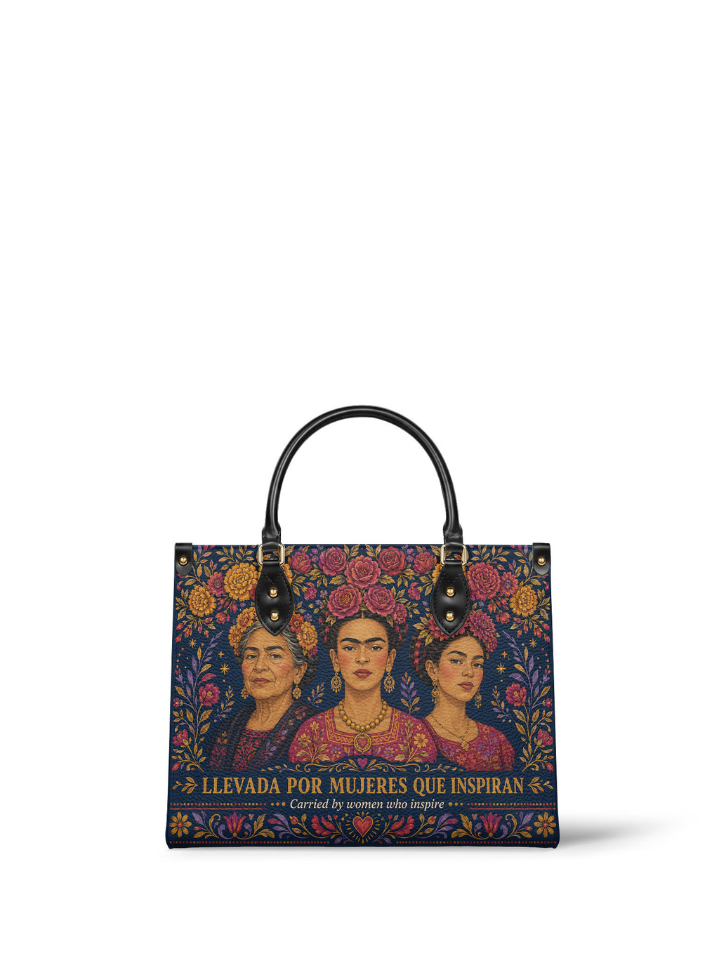 "Llevada por mujeres que inspiran" ver.2 Leather Handbag - front view | Paleta Bags