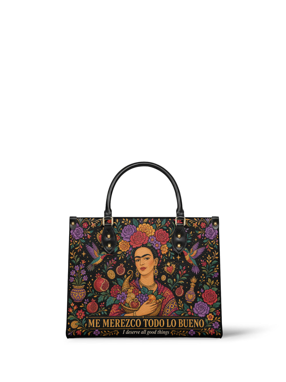 Black handbag, woman in a flower crown holding a horn overflowing with fruit, surrounded by roses, pomegranates and hummingbirds