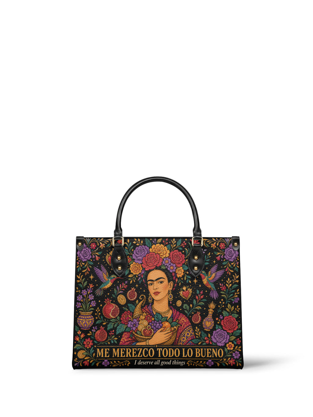 "Me merezco todo lo bueno" ver.1 Leather Handbag - front view | Paleta Bags
