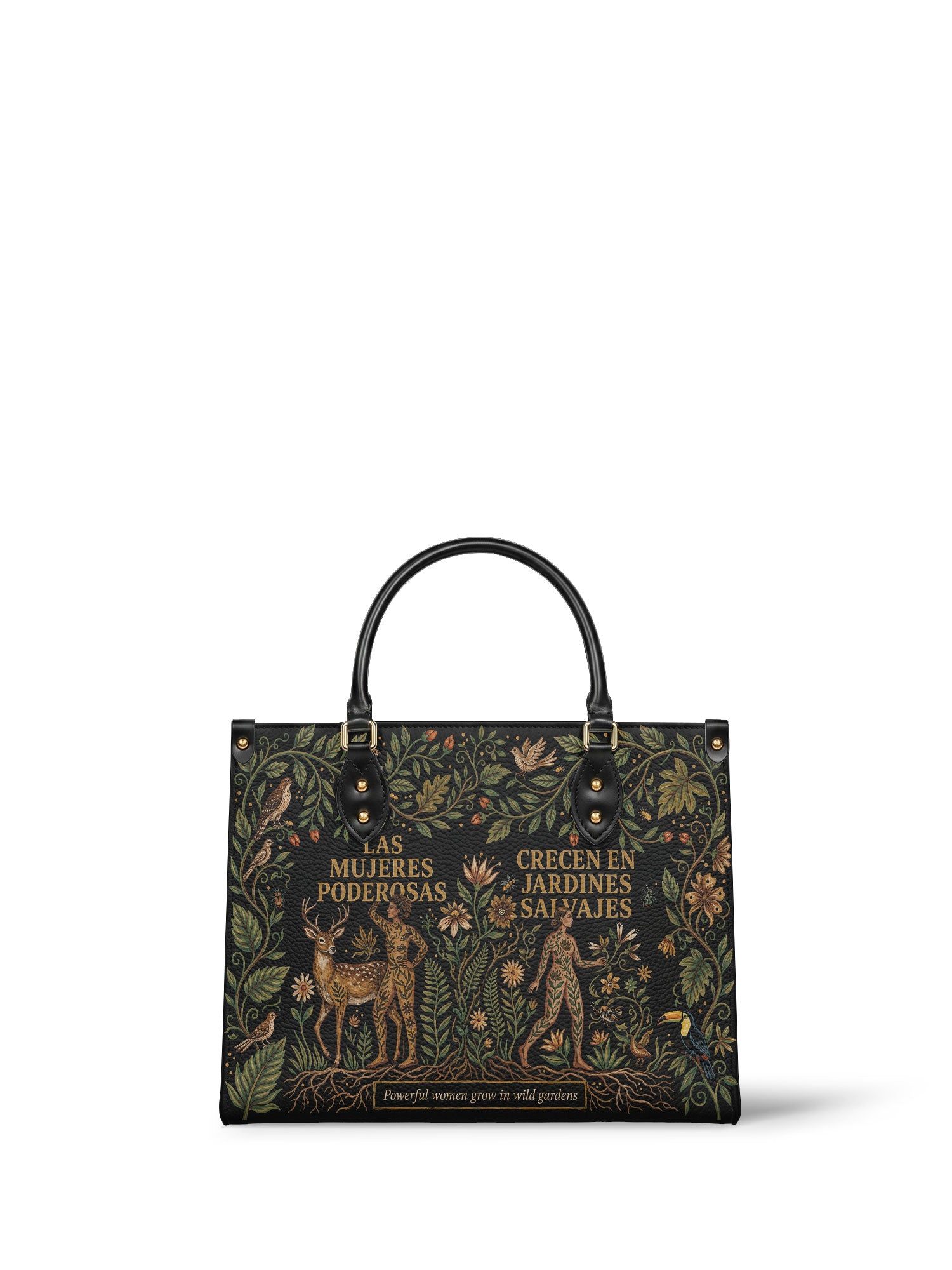 "Las mujeres poderosas crecen en jardines salvajes" ver.3 Leather Handbag - front view | Paleta Bags