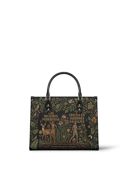 "Las mujeres poderosas crecen en jardines salvajes" ver.3 Leather Handbag - front view | Paleta Bags