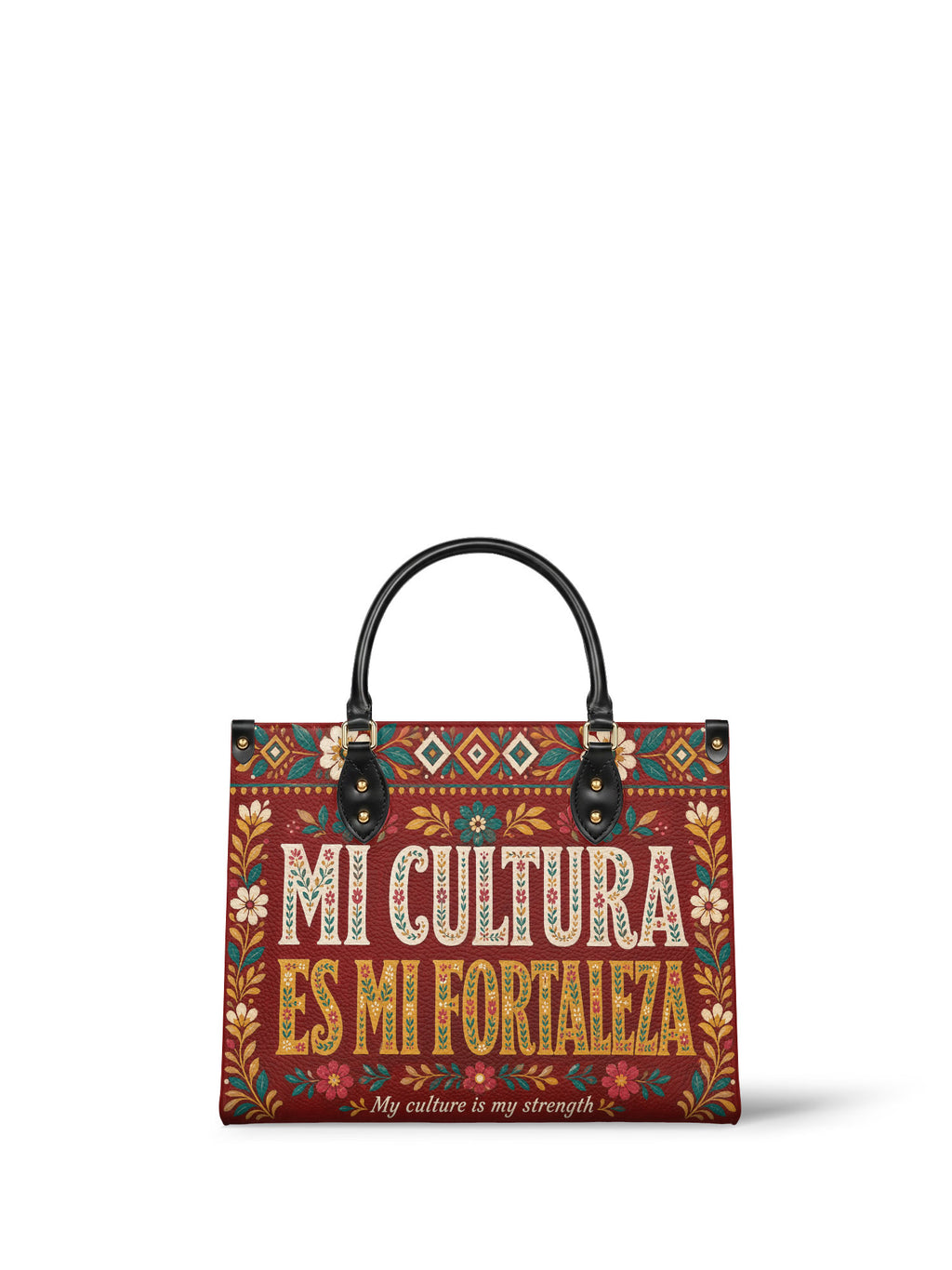 "Mi cultura es mi fortaleza" ver.6 Leather Handbag - front view | Paleta Bags