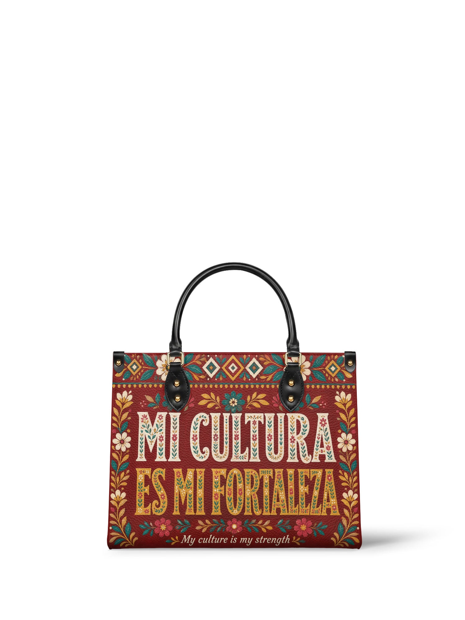 "Mi cultura es mi fortaleza" ver.6 Leather Handbag - front view | Paleta Bags