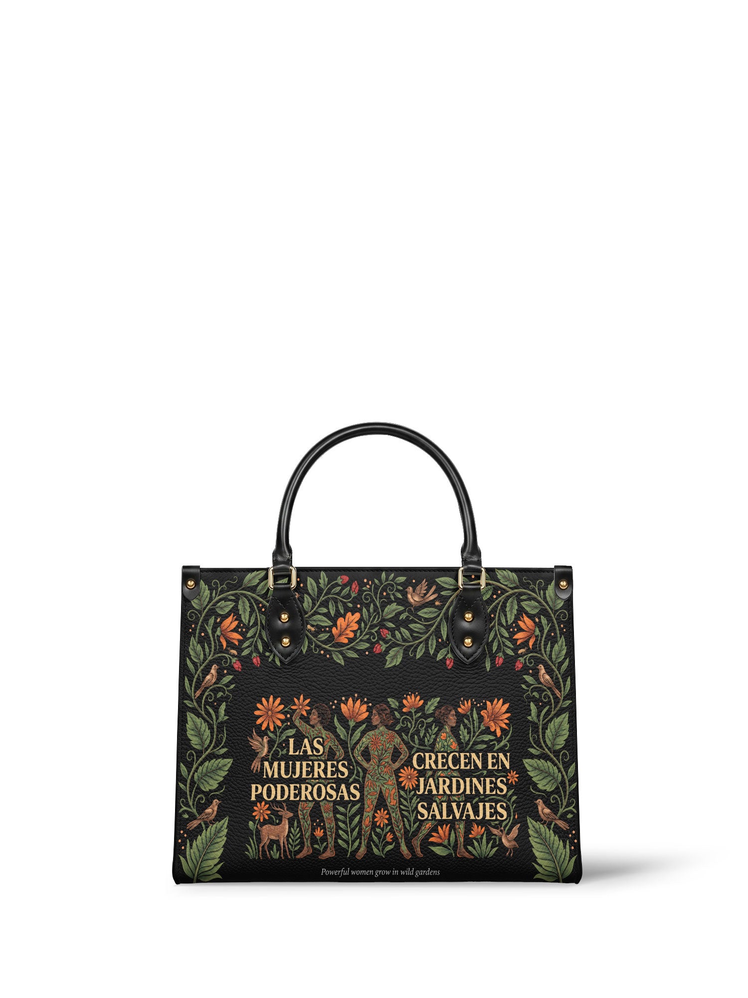 "Las mujeres poderosas crecen en jardines salvajes" ver.2 Leather Handbag - front view | Paleta Bags