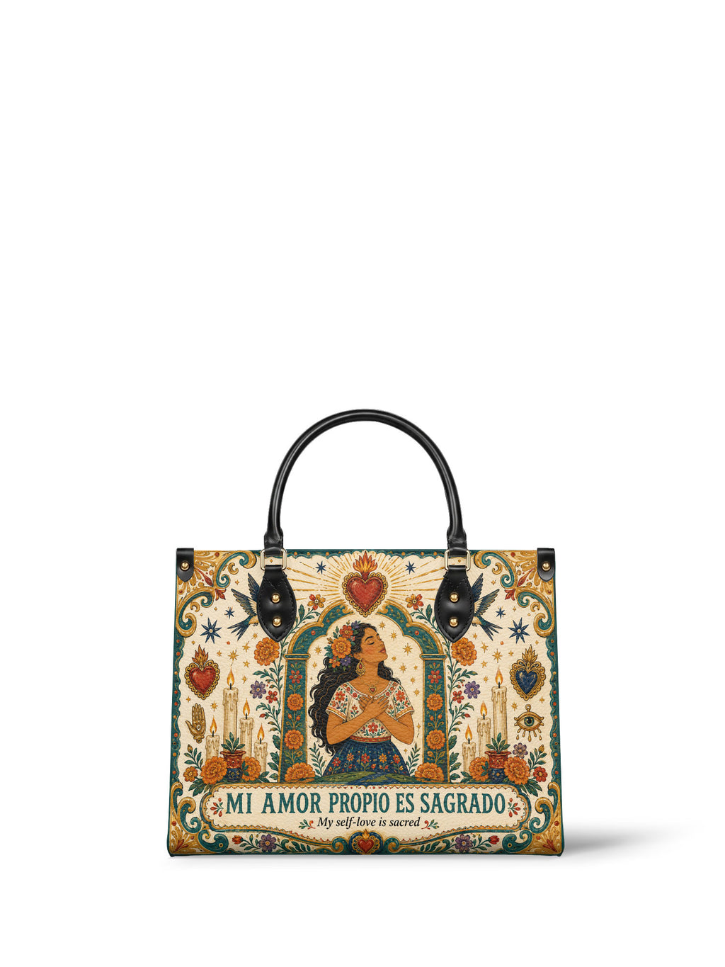 "Mi amor propio es sagrado" ver.1 Leather Handbag - front view | Paleta Bags